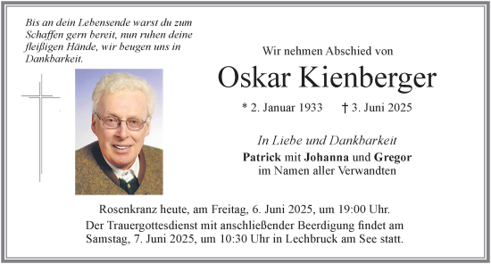 Traueranzeige von Oskar Kienberger von Allgäuer Zeitung, Füssen