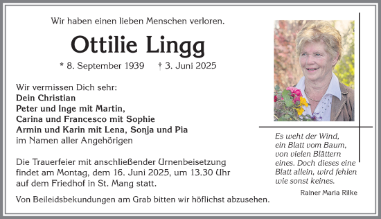 Traueranzeige von Ottilie Lingg von Allgäuer Zeitung,Kempten