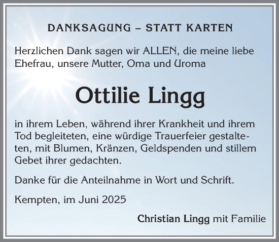 Traueranzeige von Ottilie Lingg von Allgäuer Zeitung,Kempten