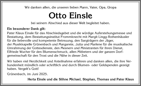 Traueranzeige von Otto Einsle von Der Westallgäuer