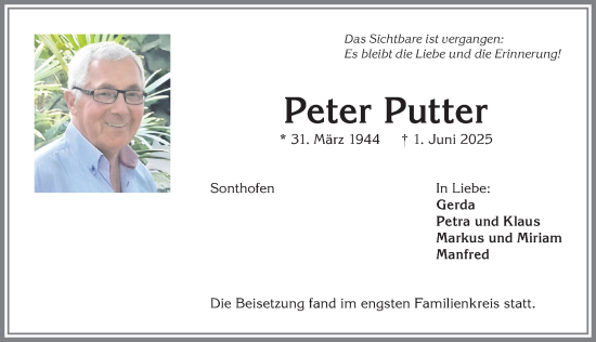 Traueranzeige von Peter Putter von Allgäuer Anzeigeblatt