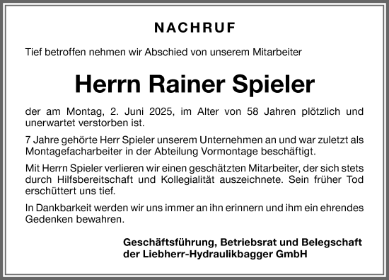 Traueranzeige von Rainer Spieler von Memminger Zeitung