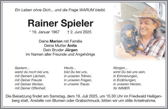 Traueranzeige von Rainer Spieler von Memminger Zeitung