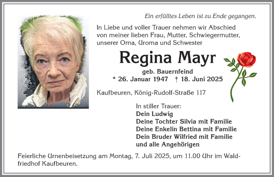 Traueranzeige von Regina Mayr von Allgäuer Zeitung, Kaufbeuren/Buchloe