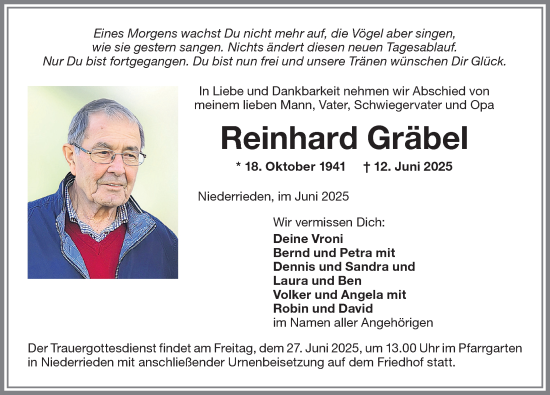 Traueranzeige von Reinhard Gräbel von Memminger Zeitung