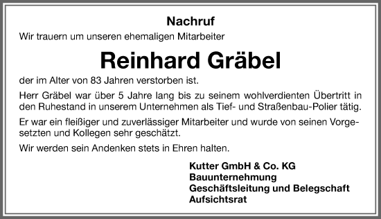 Traueranzeige von Reinhard Gräbel von Memminger Zeitung