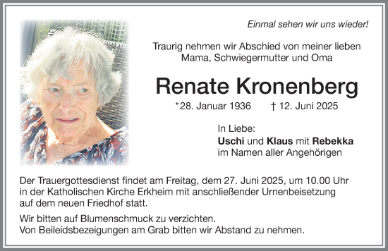 Traueranzeige von Renate Kronenberg von Memminger Zeitung
