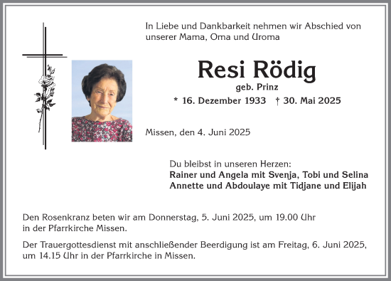 Traueranzeige von Resi Rödig von Allgäuer Anzeigeblatt