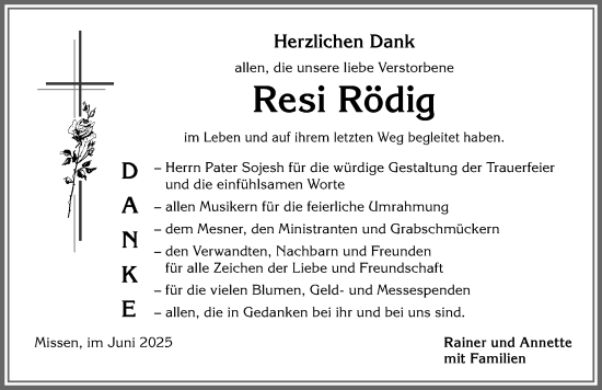 Traueranzeige von Resi Rödig von Allgäuer Anzeigeblatt