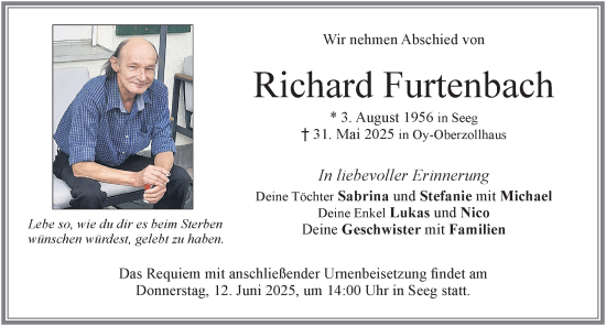 Traueranzeige von Richard Furtenbach von Allgäuer Zeitung, Füssen