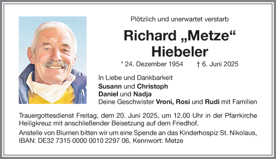Traueranzeige von Richard Hiebeler von Allgäuer Zeitung,Kempten
