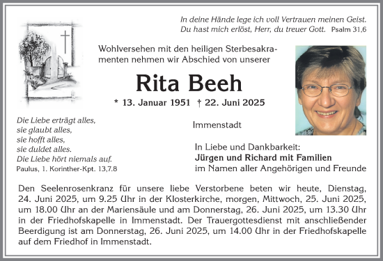 Traueranzeige von Rita Beeh von Allgäuer Anzeigeblatt