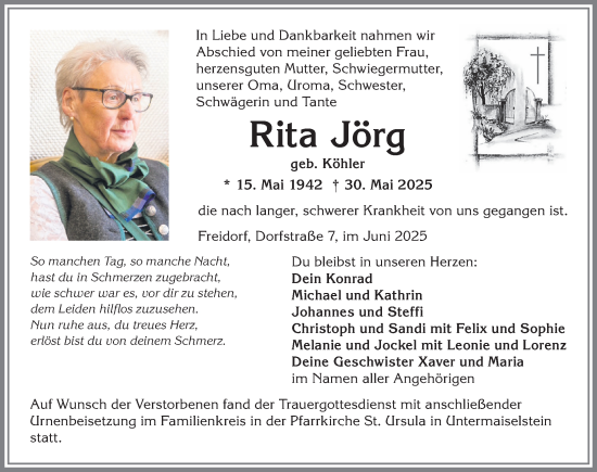 Traueranzeige von Rita Jörg von Allgäuer Anzeigeblatt