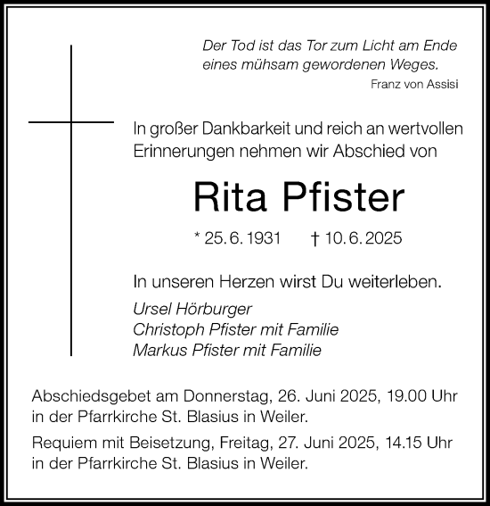 Traueranzeige von Rita Pfister von Der Westallgäuer
