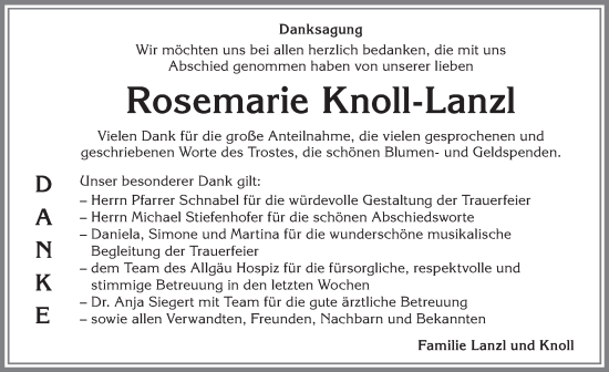 Traueranzeige von Rosemarie Knoll-Lanzl von Allgäuer Anzeigeblatt