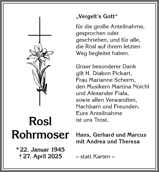 Traueranzeige von Rosl Rohrmoser von Allgäuer Anzeigeblatt