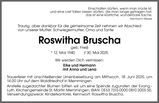 Traueranzeige von Roswitha Bruscha von Memminger Zeitung