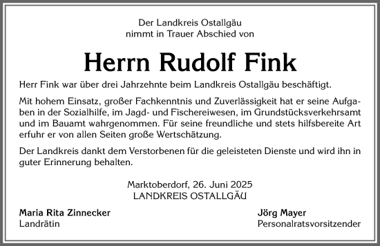 Traueranzeige von Rudolf Fink von Allgäuer Zeitung, Kaufbeuren/Buchloe