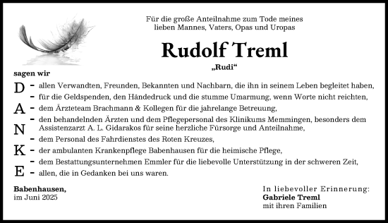 Traueranzeige von Rudolf Treml von Illertisser Zeitung, Augsburger Allgemeine