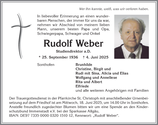 Traueranzeige von Rudolf Weber von Allgäuer Anzeigeblatt