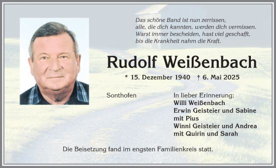 Traueranzeige von Rudolf Weißenbach von Allgäuer Anzeigeblatt
