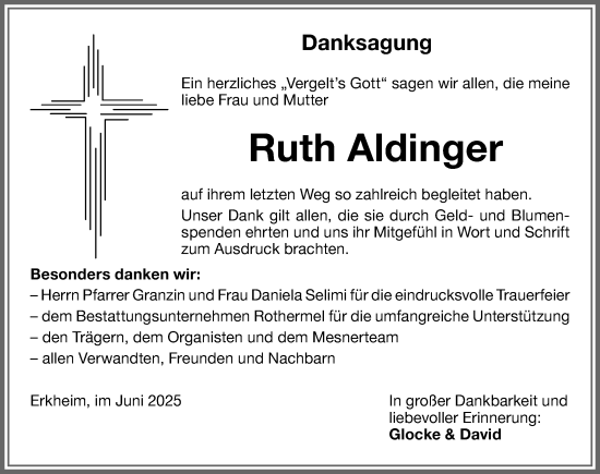 Traueranzeige von Ruth Aldinger von Augsburger Allgemeine, Mindelheimer Zeitung