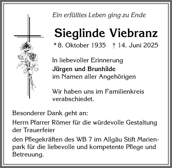 Traueranzeige von Sieglinde Viebranz von Allgäuer Zeitung,Kempten