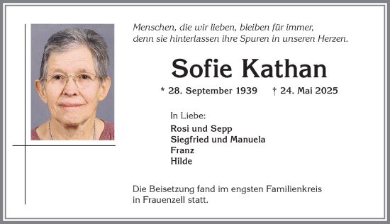 Traueranzeige von Sofie Kathan von Allgäuer Zeitung,Kempten