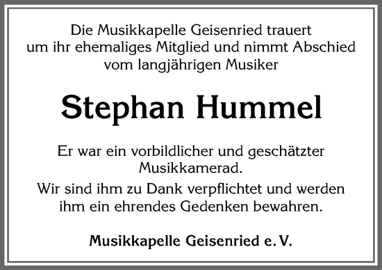 Traueranzeige von Stephan Hummel von Allgäuer Zeitung, Marktoberdorf