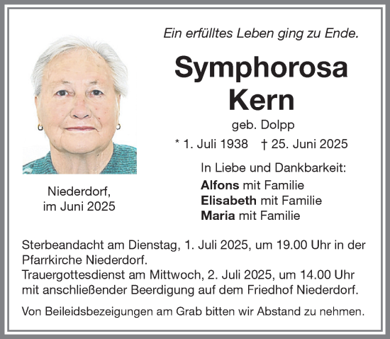 Traueranzeige von Symphorosa Kern von Memminger Zeitung