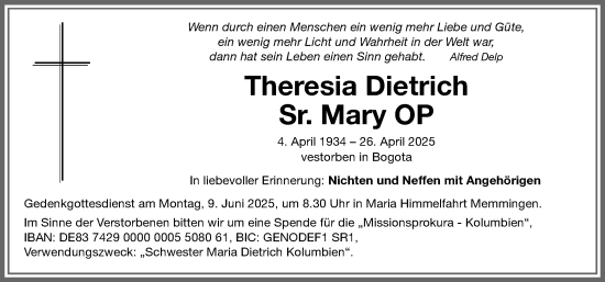 Traueranzeige von Theresia Dietrich von Memminger Zeitung