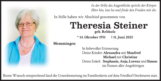 Traueranzeige von Theresia Steiner von Memminger Zeitung