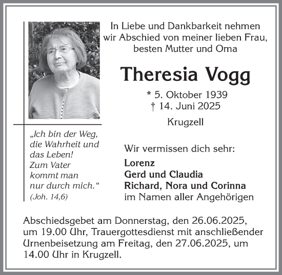 Traueranzeige von Theresia Vogg von Allgäuer Zeitung,Kempten