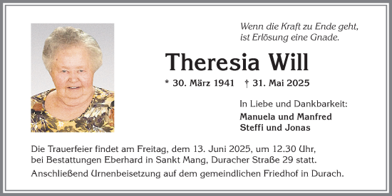 Traueranzeige von Theresia Will von Allgäuer Zeitung,Kempten