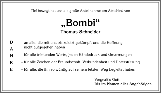 Traueranzeige von Thomas Schneider von Allgäuer Anzeigeblatt