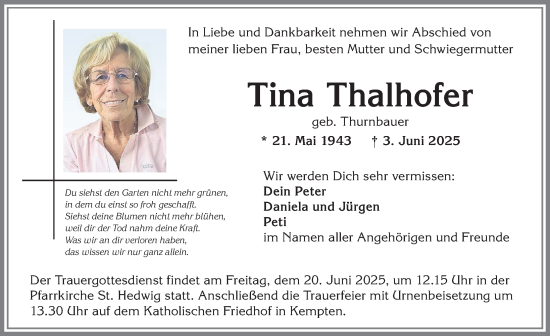 Traueranzeige von Tina Thalhofer von Allgäuer Zeitung,Kempten