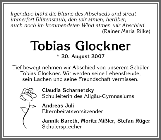 Traueranzeige von Tobias Glockner von Allgäuer Zeitung,Kempten