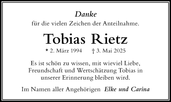 Traueranzeige von Tobias Rietz von Der Westallgäuer