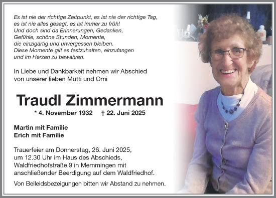 Traueranzeige von Traudl Zimmermann von Memminger Zeitung