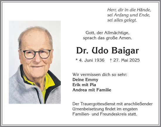 Traueranzeige von Udo Baigar von Allgäuer Zeitung, Marktoberdorf