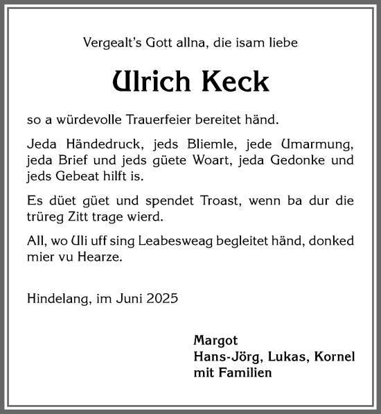 Traueranzeige von Ulrich Keck von Allgäuer Anzeigeblatt