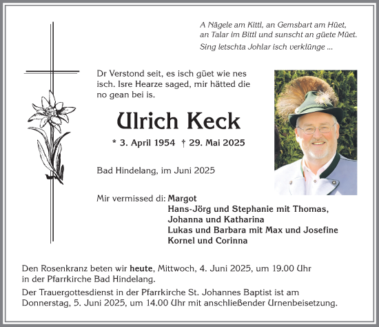 Traueranzeige von Ulrich Keck von Allgäuer Anzeigeblatt