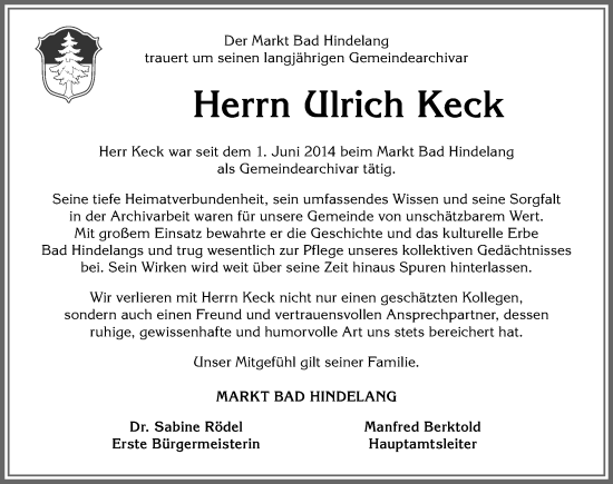 Traueranzeige von Ulrich Keck von Allgäuer Anzeigeblatt