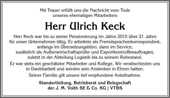 Traueranzeige von Ulrich Keck von Allgäuer Anzeigeblatt