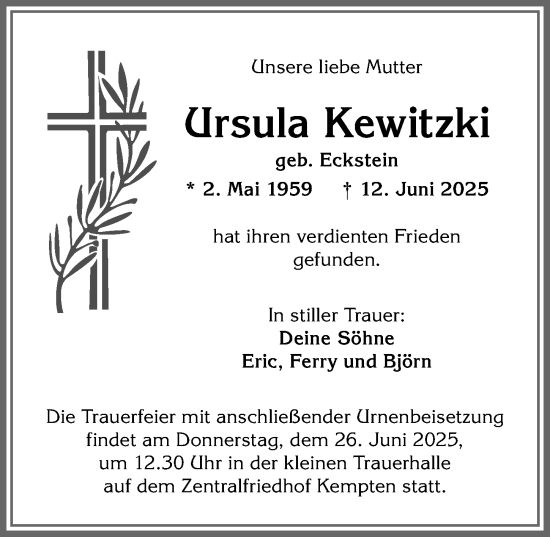Traueranzeige von Ursula Kewitzki von Allgäuer Anzeigeblatt