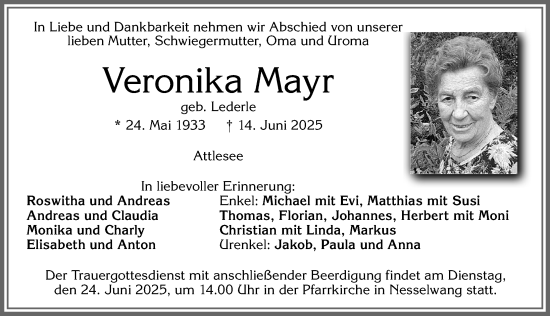 Traueranzeige von Veronika Mayr von Allgäuer Zeitung, Füssen