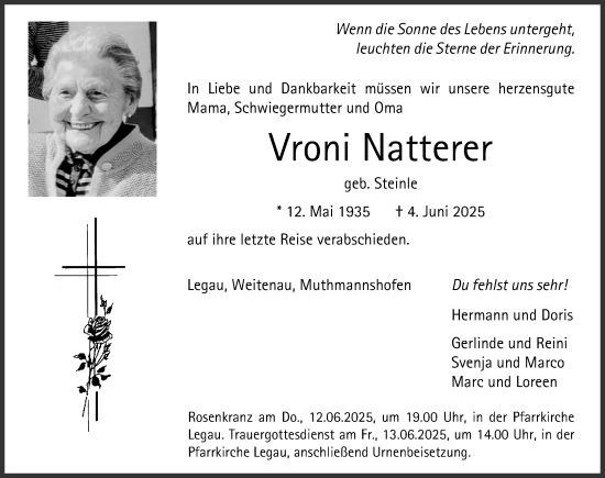 Traueranzeige von Vroni Natterer von Memminger Zeitung