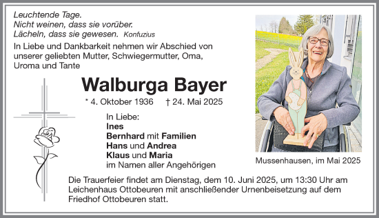 Traueranzeige von Walburga Bayer von Memminger Zeitung