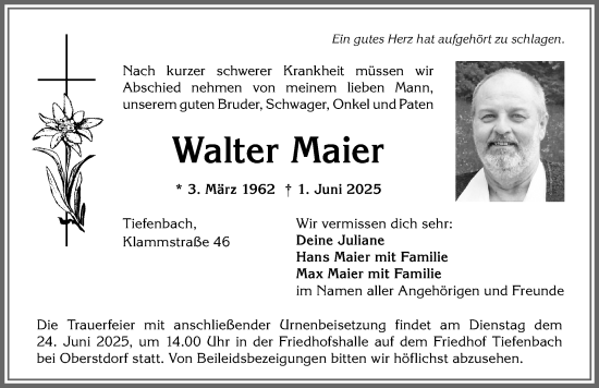 Traueranzeige von Walter Maier von Allgäuer Anzeigeblatt