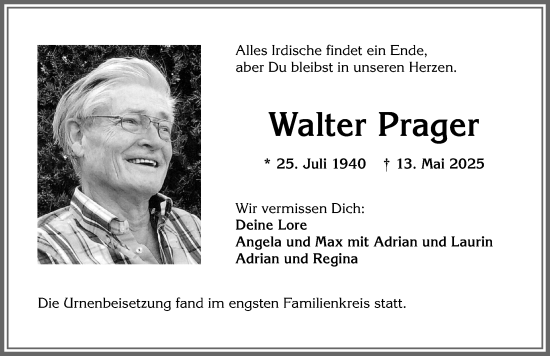 Traueranzeige von Walter Prager von Allgäuer Zeitung, Kaufbeuren/Buchloe